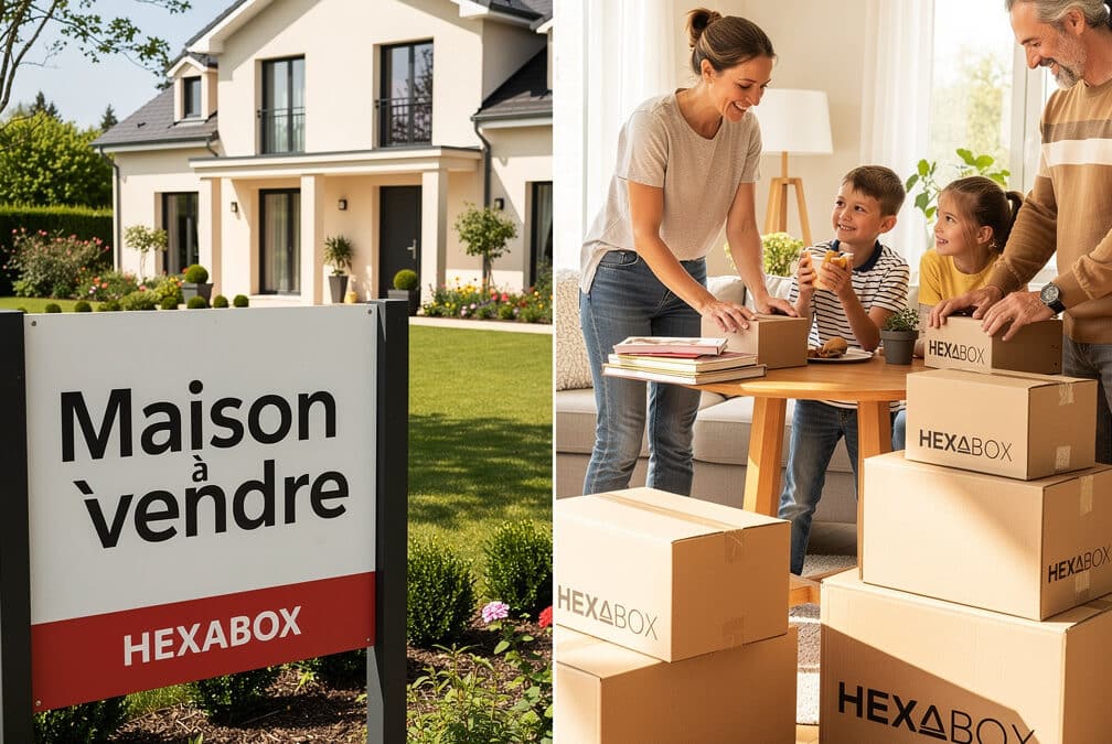 côté gauche maison avec panneau à vendre et côté droit famille faisant des cartons pour le box afin de faire de la place dans la maison pour qu'elle soit mieux ranger et donc plus attreillante