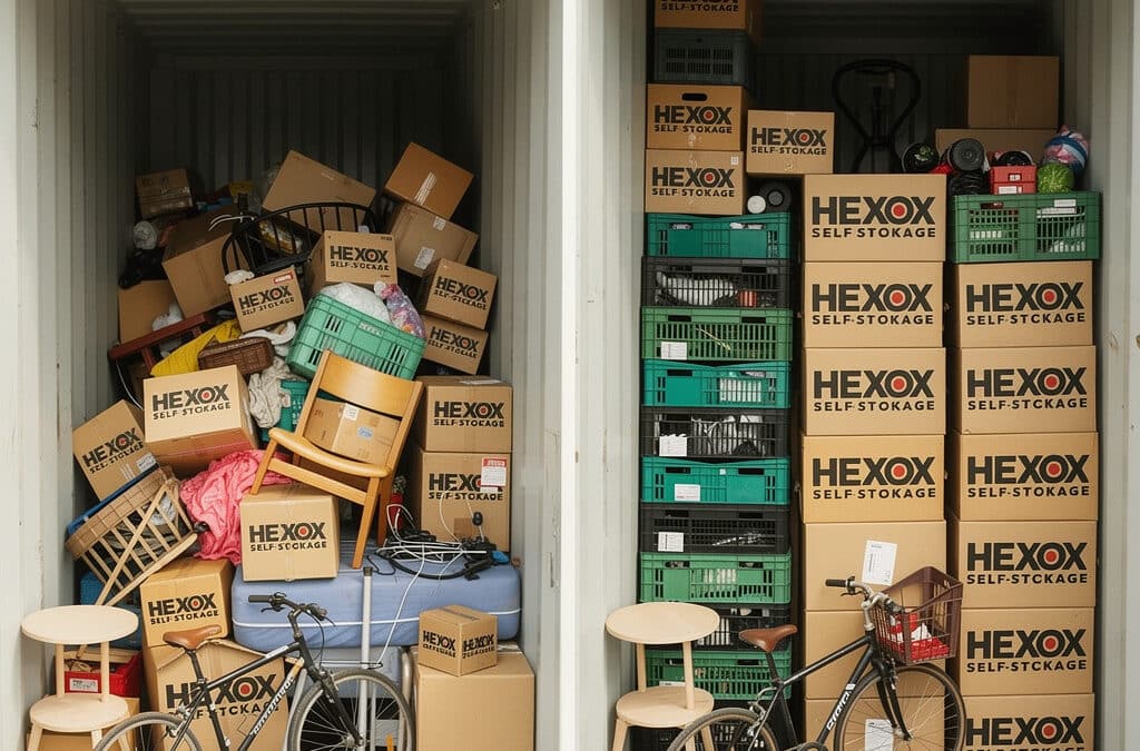 container maritime ouvert, moitié gauche affaires mal rangées et côté droit cartons table, chaises bien rangés